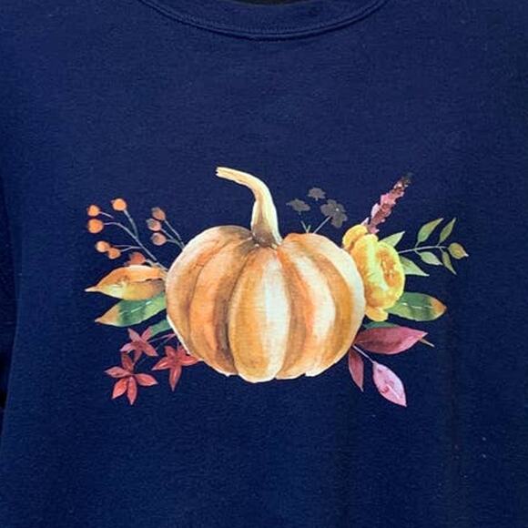 Hand Printed Large Upcycled Pumpkin Autumn Fall Flower Long Sleeve Sweatshirt - Picture 2 of 3